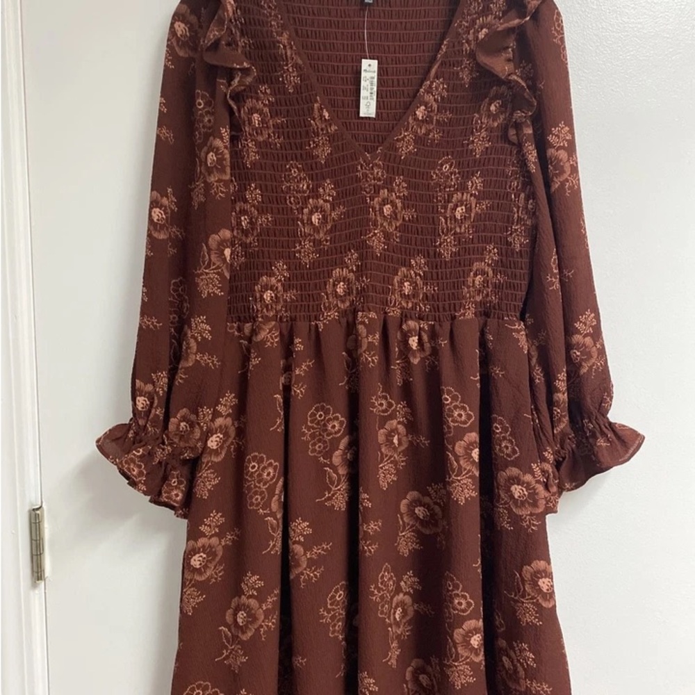 Madewell Brown V-Neck Sundress with 3/4 Bishop Sleeves🐻‍❄️🐻‍❄️ - Picture 3 of 5